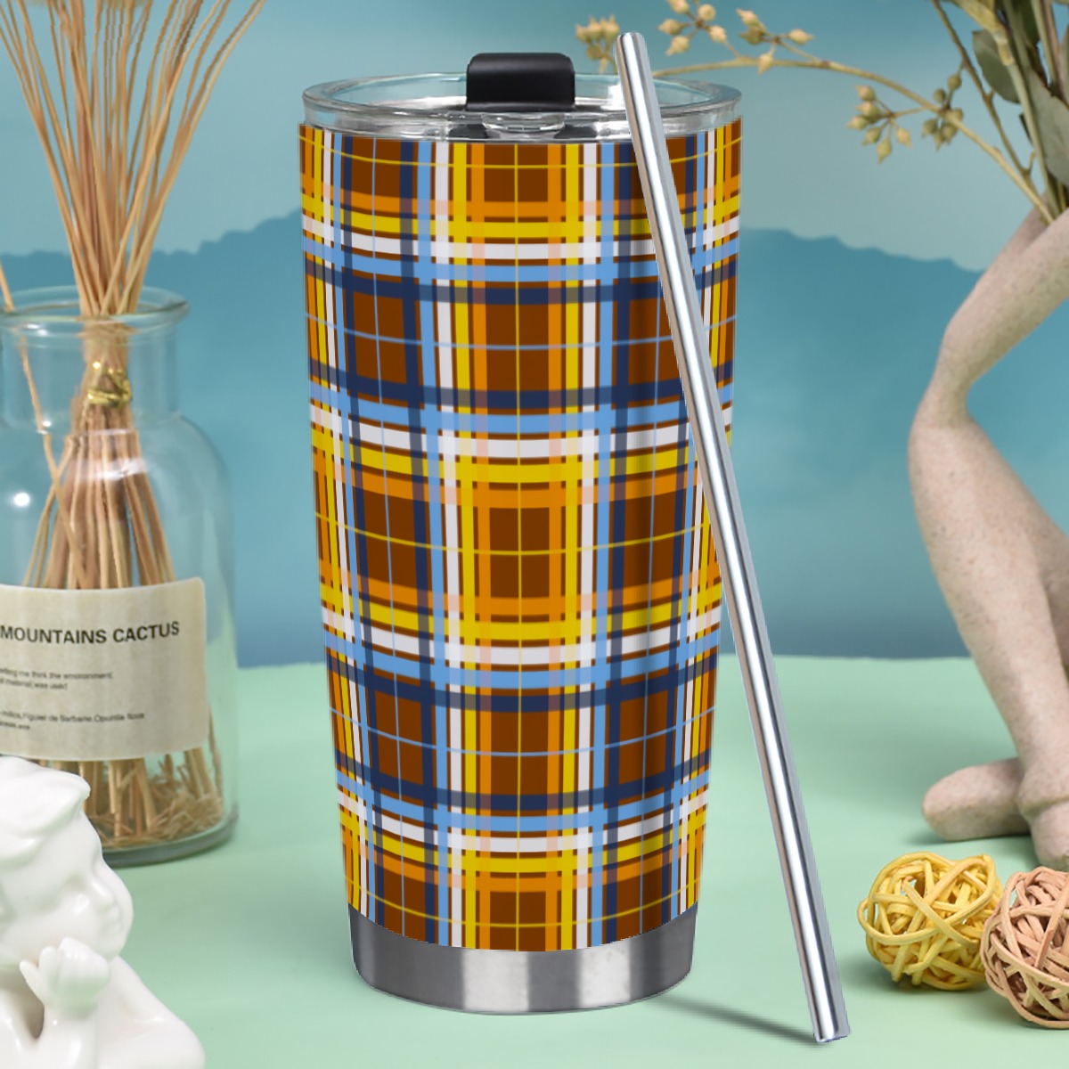 Aroace - V1/Spice Tartan Plaid Hot/Cold Tumbler with Steel Straw (20oz )