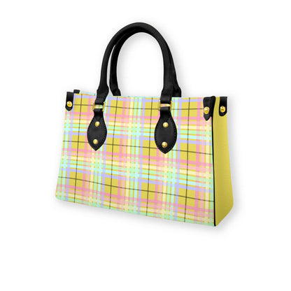 Pastel Rainbow/Citrus Spice Tartan Plaid Tote Bag with Black Handles and Zippered Pockets