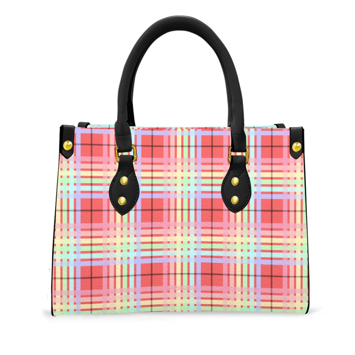 Pastel Rainbow/Rich Salmon Tartan Plaid Tote Bag with Black Handles and Zippered Pockets