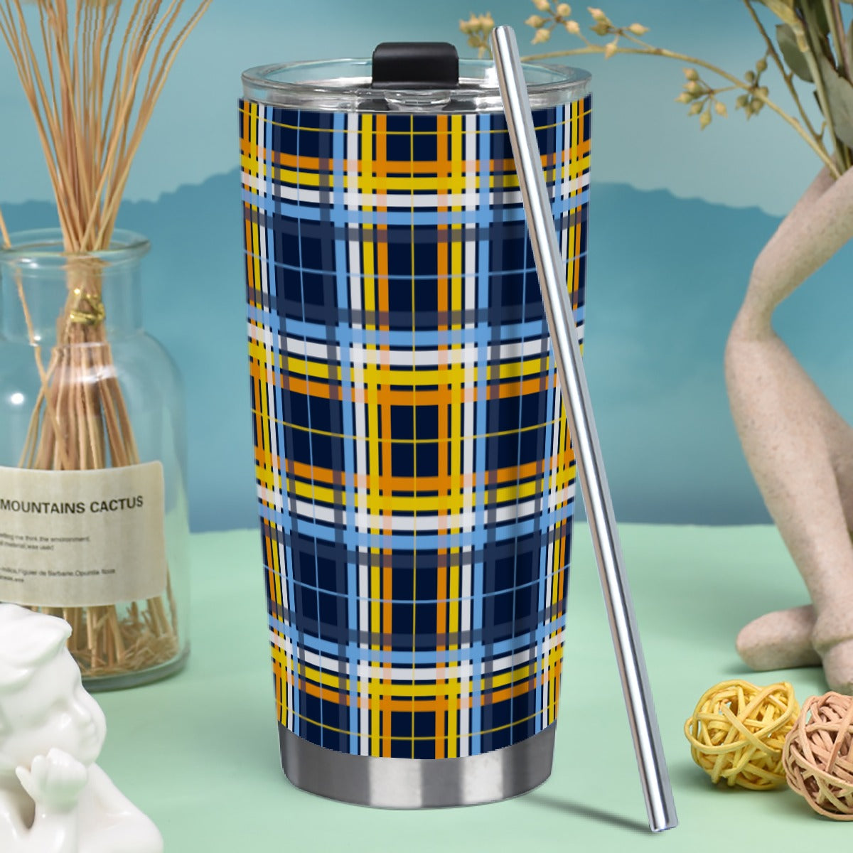 Aroace - V1/Navy Tartan Plaid Hot/Cold Tumbler with Steel Straw (20oz )