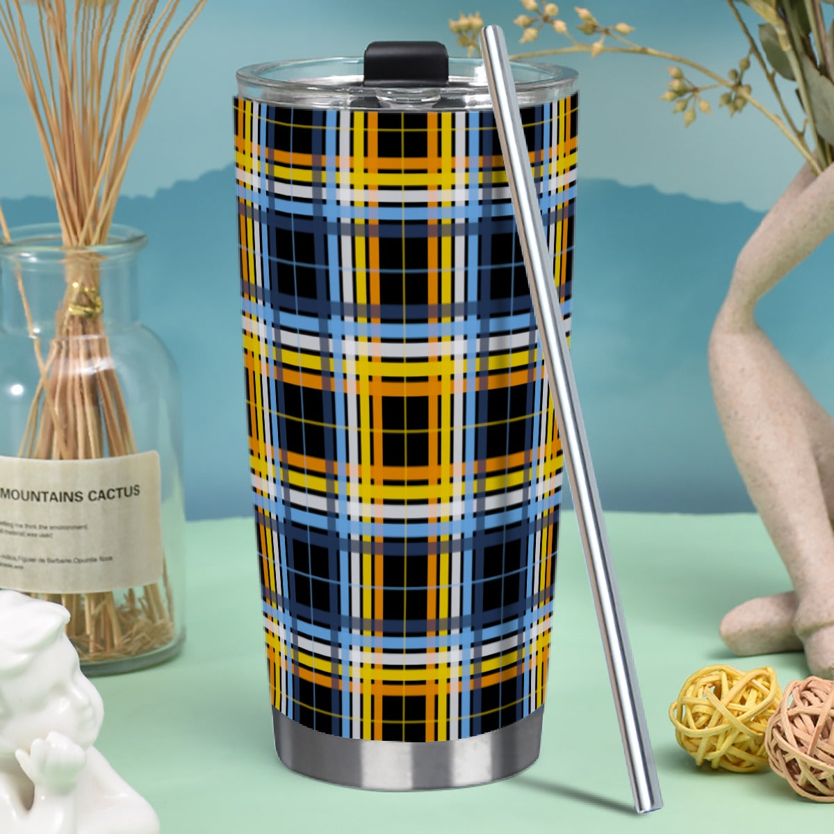 Aroace - V1/Black Tartan Plaid Hot/Cold Tumbler with Steel Straw (20oz )