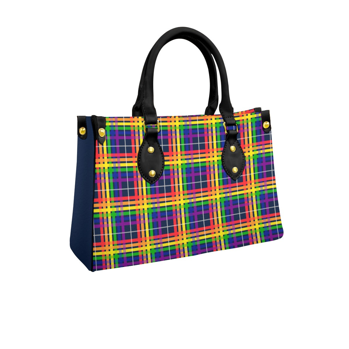 Rainbow/Navy Tartan Plaid Tote Bag with Black Handles and Zippered Pockets