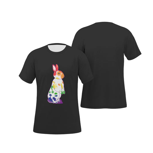 Rainbow Nosy Neighbour Bunny with Black Background Relaxed Fit O-Neck T-Shirt