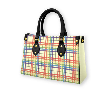 Muted Rainbow/Lemon Chiffon Tartan Plaid Tote Bag with Black Handles and Zippered Pockets