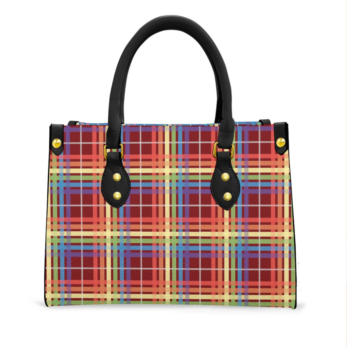 Muted Rainbow/Japanese Maple Tartan Plaid Tote Bag with Black Handles and Zippered Pockets