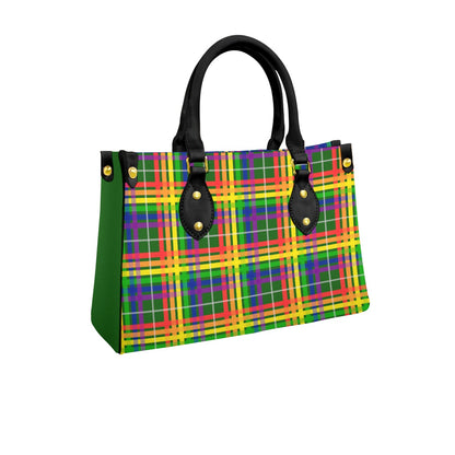 Rainbow/Myrtle Tartan Plaid Tote Bag with Black Handles and Zippered Pockets