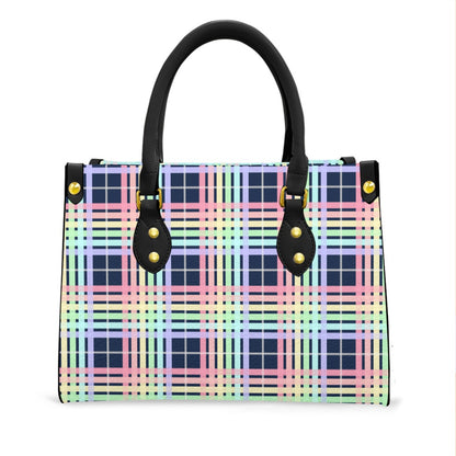 Pastel Rainbow/Navy Tartan Plaid Tote Bag with Black Handles and Zippered Pockets