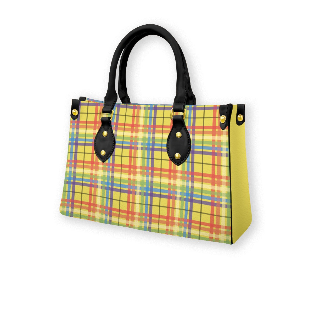 Muted Rainbow/Citrus Sugar Tartan Plaid Tote Bag with Black Handles and Zippered Pockets