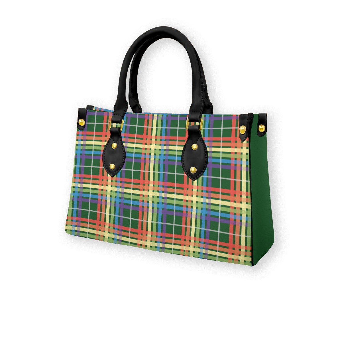 Muted Rainbow/Pine Tartan Plaid Tote Bag with Black Handles and Zippered Pockets