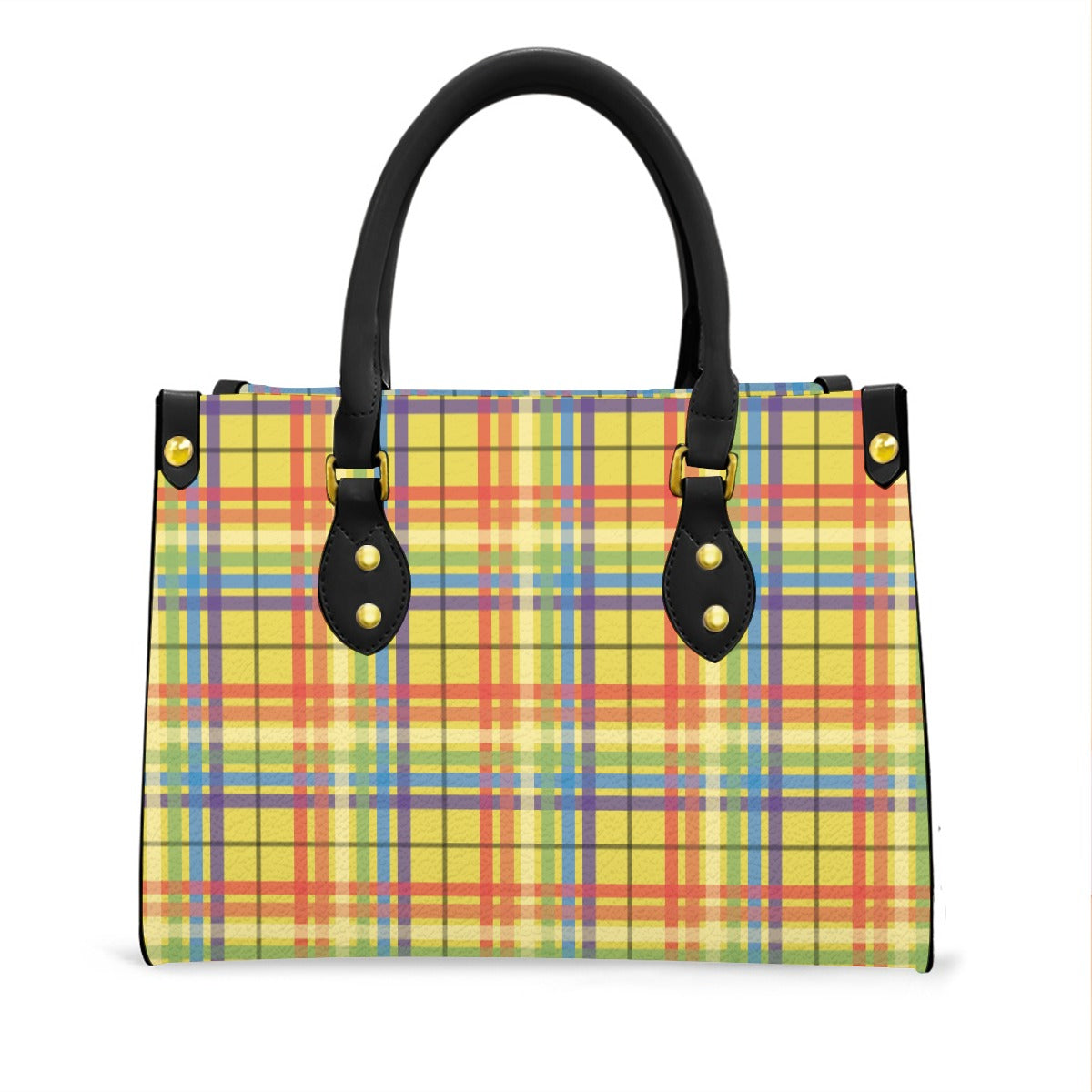 Muted Rainbow/Citrus Sugar Tartan Plaid Tote Bag with Black Handles and Zippered Pockets