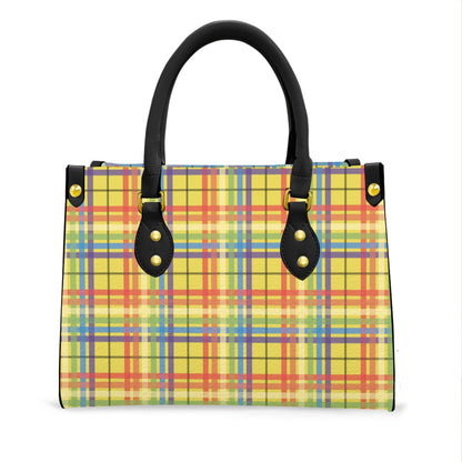 Muted Rainbow/Citrus Sugar Tartan Plaid Tote Bag with Black Handles and Zippered Pockets