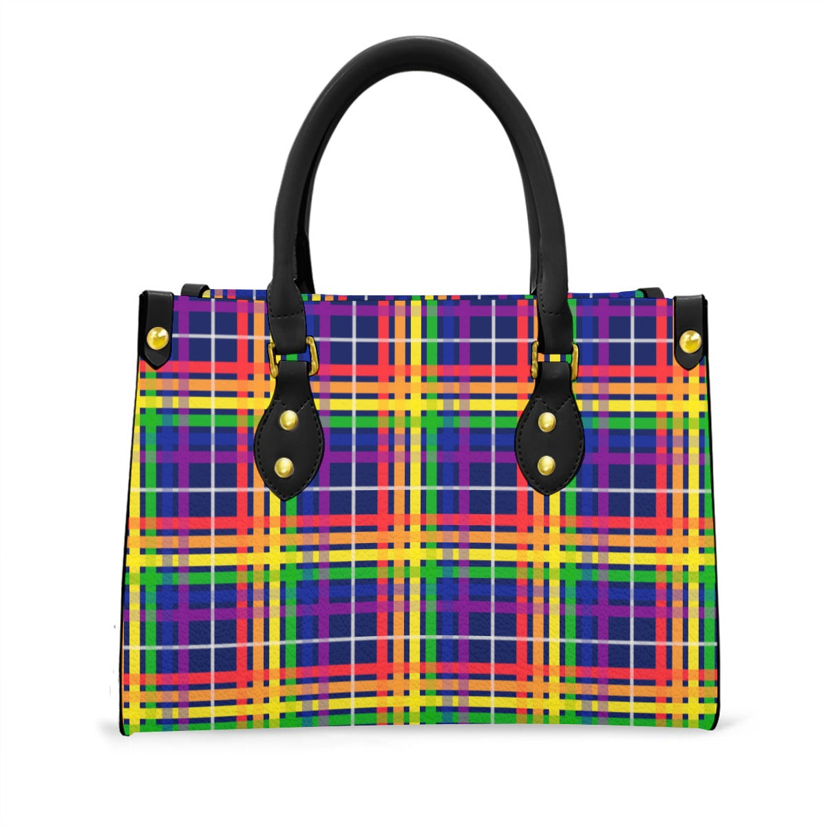 Rainbow/Interstellar Tartan Plaid Tote Bag with Black Handles and Zippered Pockets