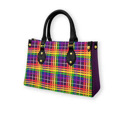 Rainbow/Eggplant Tartan Plaid Tote Bag with Black Handles and Zippered Pockets