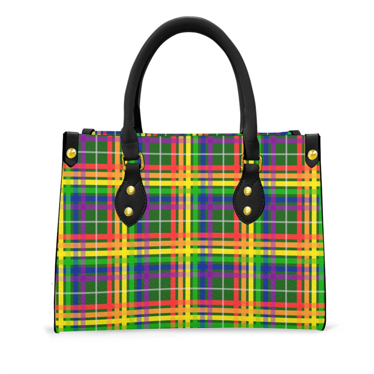 Rainbow/Myrtle Tartan Plaid Tote Bag with Black Handles and Zippered Pockets