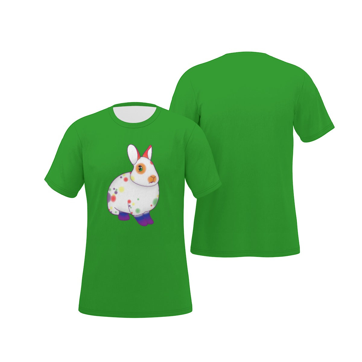 Rainbow Spotted Bunny with Green Background Relaxed Fit O-Neck T-Shirt