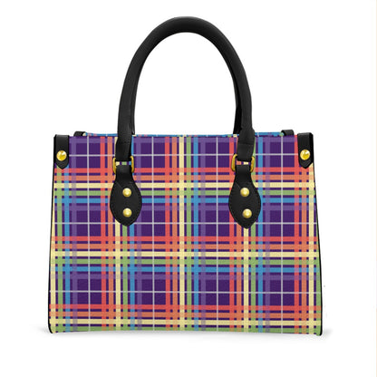 Muted Rainbow/Eggplant Tartan Plaid Tote Bag with Black Handles and Zippered Pockets