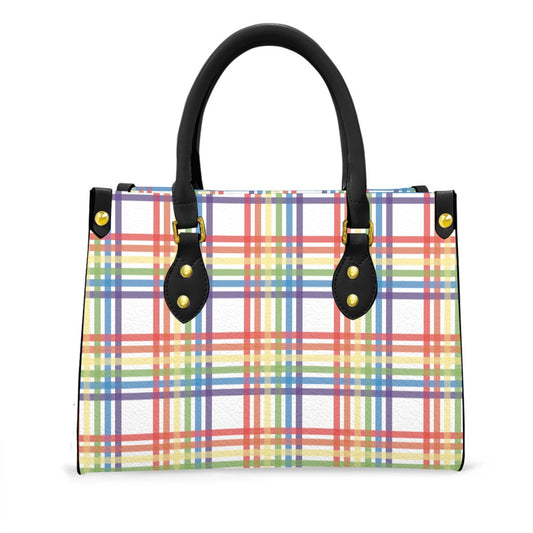 Muted Rainbow/White Tartan Plaid Tote Bag with Black Handles and Zippered Pockets