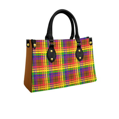 Rainbow/Spice Tartan Plaid Tote Bag with Black Handles and Zippered Pockets