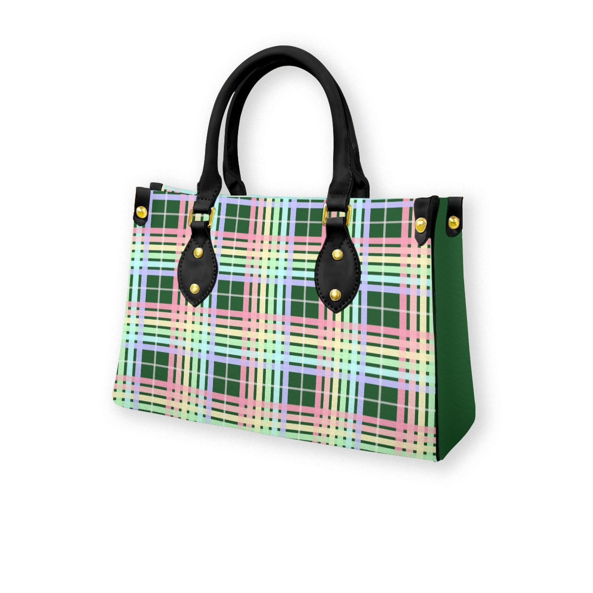 Pastel Rainbow/Pine Tartan Plaid Tote Bag with Black Handles and Zippered Pockets