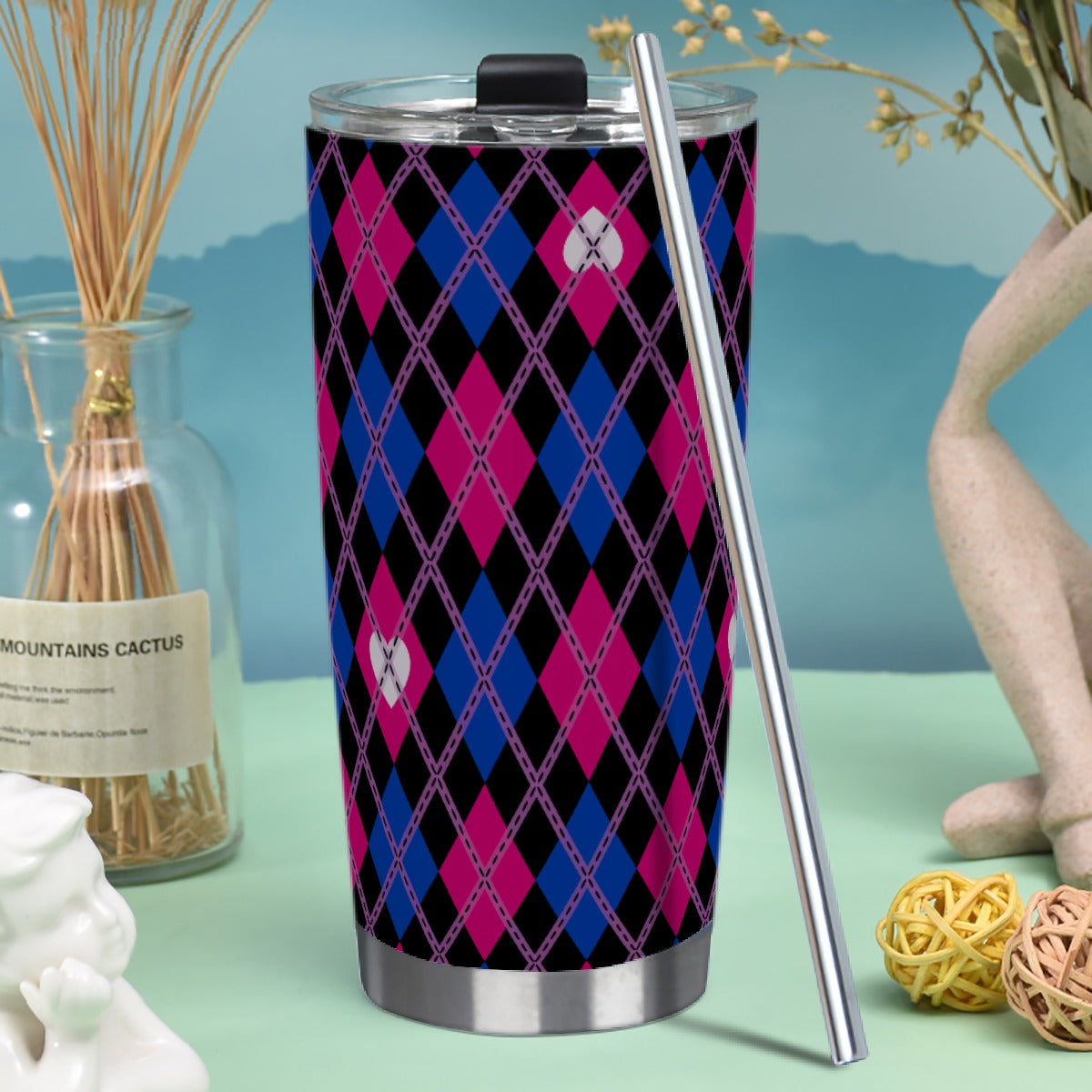 Biromantic - V1/Black Argyle Hot/Cold Tumbler with Steel Straw (20oz )