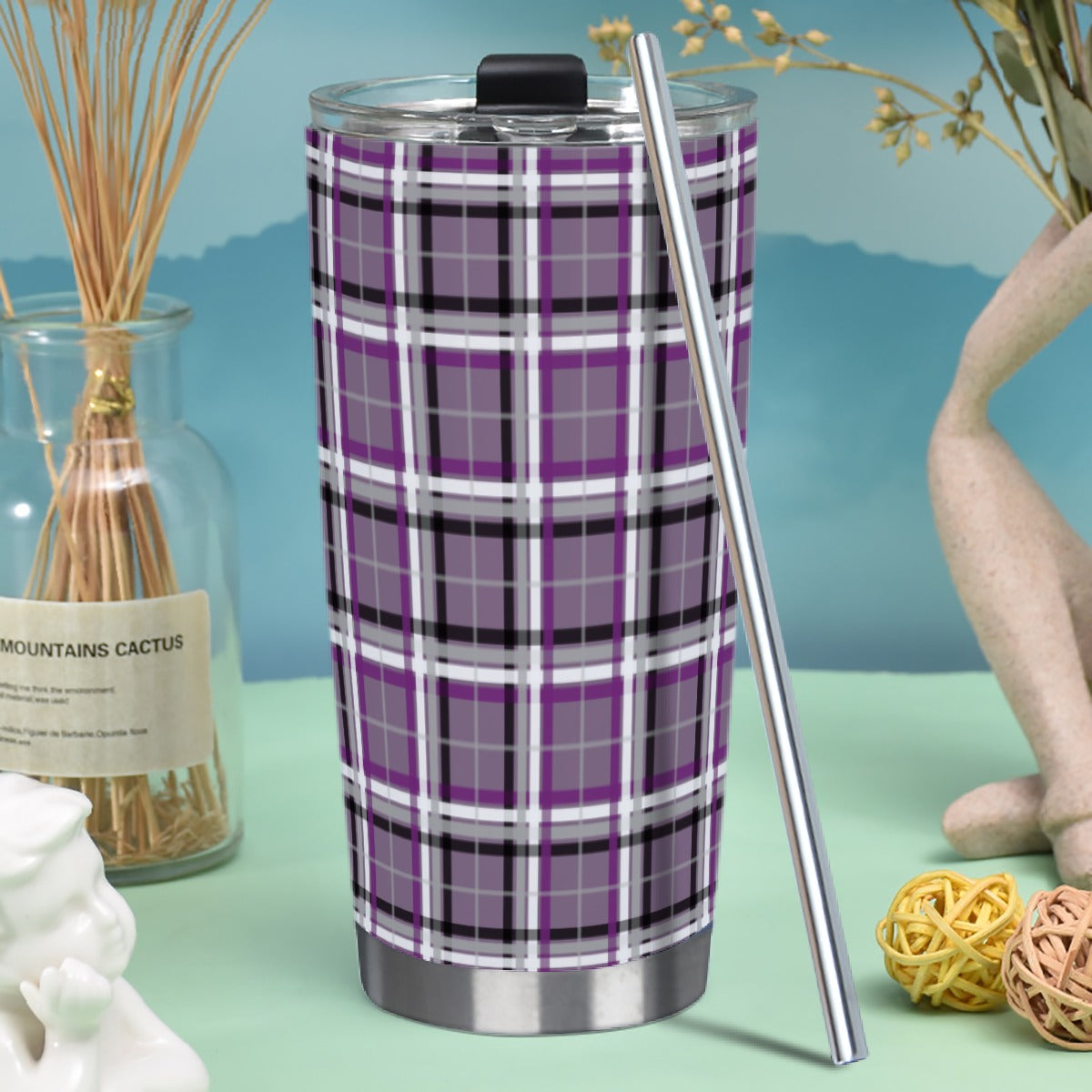 Asexual/Mauve Tartan Plaid Hot/Cold Tumbler with Steel Straw (20oz )