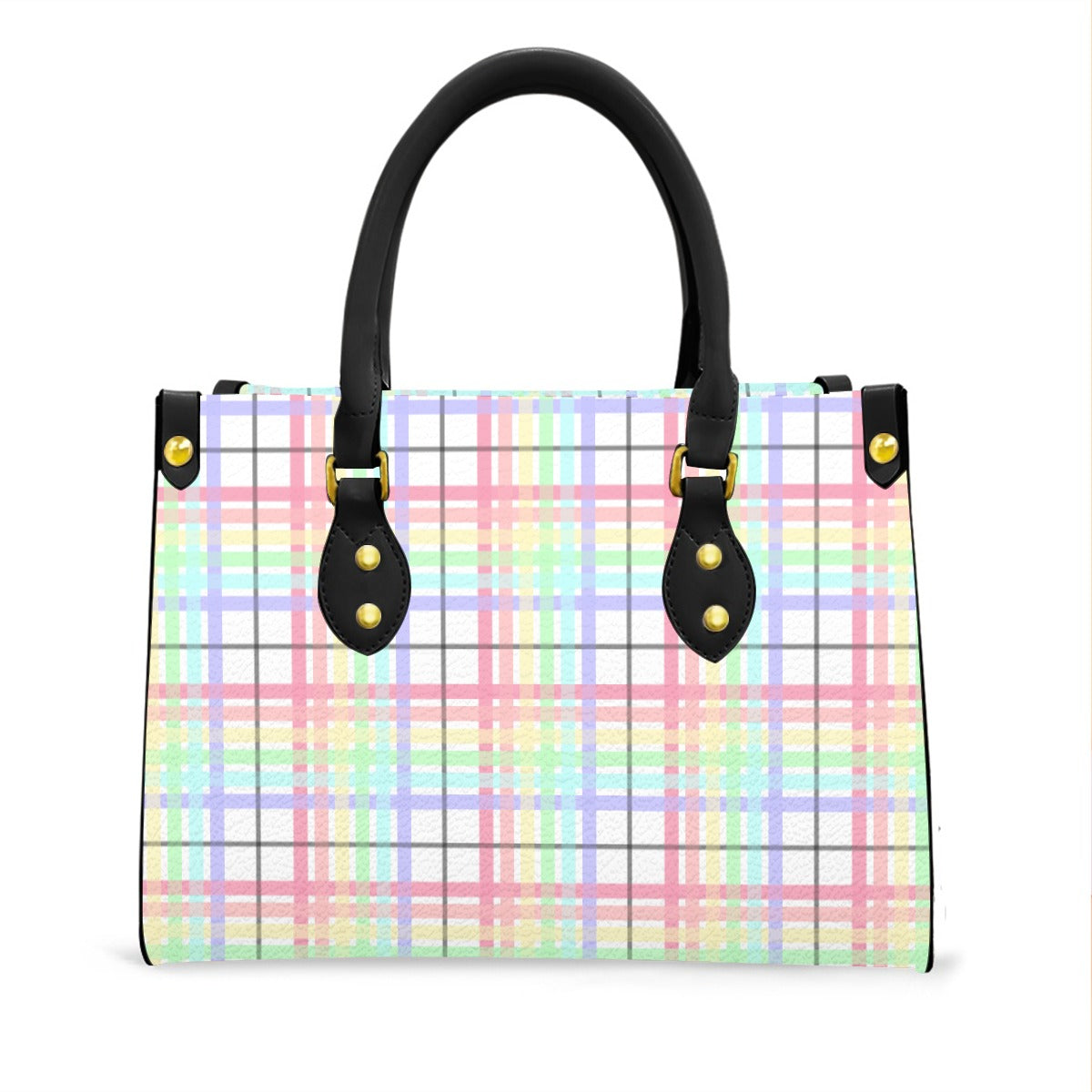 Pastel Rainbow/White Tartan Plaid Tote Bag with Black Handles and Zippered Pockets