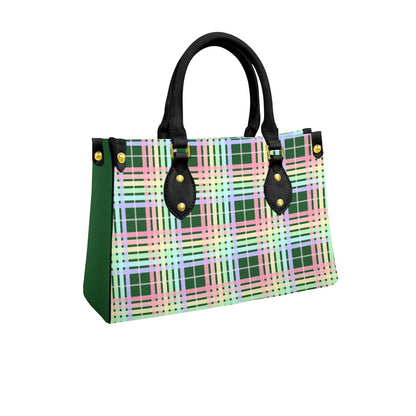 Pastel Rainbow/Pine Tartan Plaid Tote Bag with Black Handles and Zippered Pockets