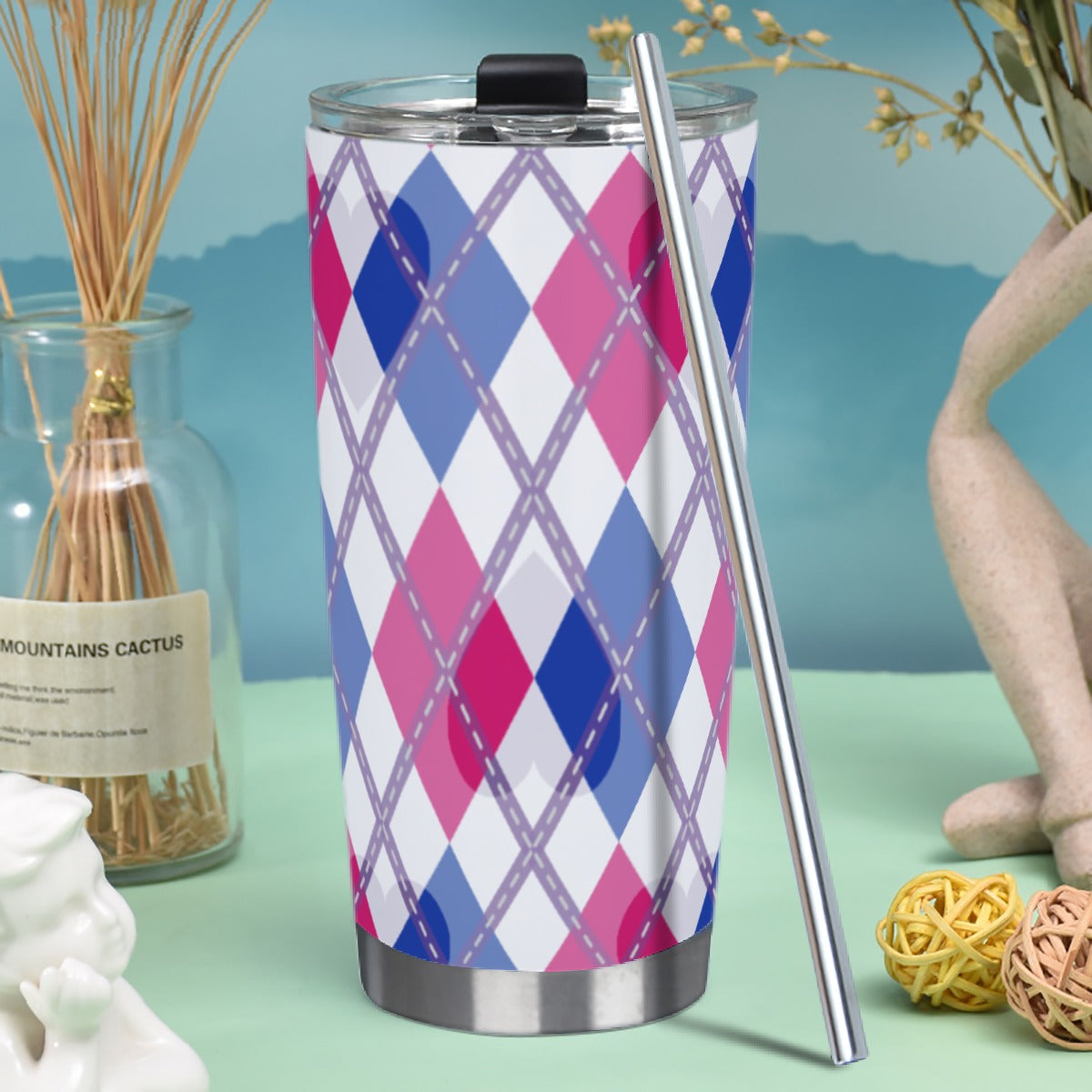 Biromantic - V2/White Argyle Hot/Cold Tumbler with Steel Straw (20oz )