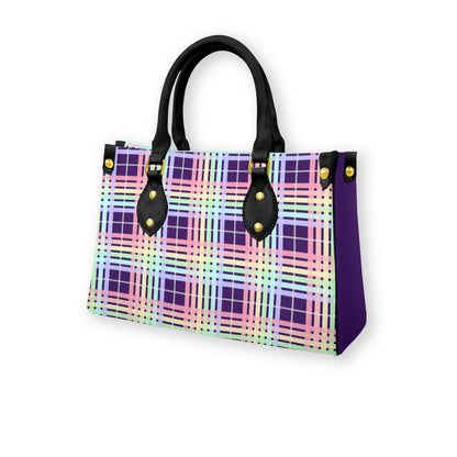 Pastel Rainbow/Eggplant Tartan Plaid Tote Bag with Black Handles and Zippered Pockets