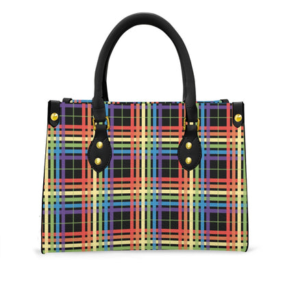 Muted Rainbow/Black Tartan Plaid Tote Bag with Black Handles and Zippered Pockets