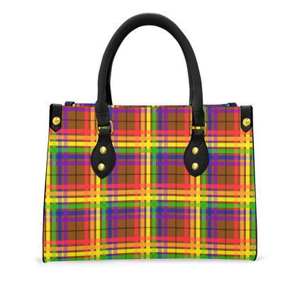 Rainbow/Spice Tartan Plaid Tote Bag with Black Handles and Zippered Pockets