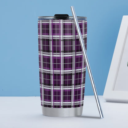 Asexual/Aubergine Tartan Plaid Hot/Cold Tumbler with Steel Straw (20oz )