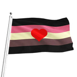 An adipophila (fat fetish) themed flag with horizontal stripes in black, pink, cream, brown, and black, featuring a large red heart in the center, shown attached to a silver flagpole against a plain white background.