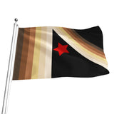 An armpit fetish flag on a silver flagpole, featuring vertical stripes in black, brown, tan, and cream on one side, diagonal stripes in black, tan, and cream on the other side, and a red six-pointed star in the center.