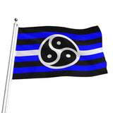 A flag on a silver pole with horizontal black and blue stripes, a silver center stripe, and a large black BDSM triskelion symbol outlined in silver on the front.