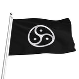 A black flag with a silver BDSM triskele symbol, attached to a silver flagpole, shown against a plain white background.