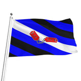 A bondage-themed flag on a silver pole with bold diagonal stripes in blue, black, and white, plus a pair of red cuffs joined with chain-link emblem near the center, shown on a plain white background. 