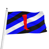 A flag on a silver pole with diagonal blue, black, and white stripes and a large red high-heeled boot graphic in the center, shown on a plain white background.
