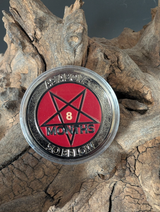 A clear coin case rests on a piece of driftwood. It is a clear acrylic disc, and shows a sobriety coin inside. The chip has a red centre that says 8 months.