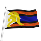 A cowboy fetish flag on a silver flagpole featuring horizontal black, orange, and blue stripes with a white triangle at the hoist and a large yellow stylized horse head emblem over the left side. The flag is shown waving against a plain white background.