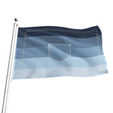 A flag on a silver flagpole featuring horizontal stripes in shades of denim: dark navy, medium blue, and light blue, with a central shield  (pocket) outlined in white stitching and a matching stitched rectangular border.