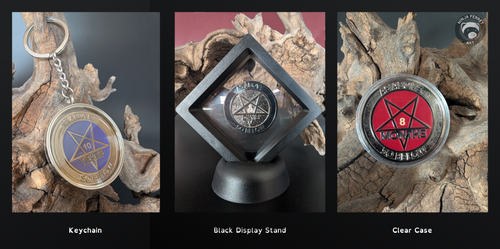 Three photos of sobriety chip displays, each against a driftwood backdrop. A keychain, a black display case in a stand, and a clear protective coin case.