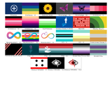6x4 grid showing thumbnails of disability and neurodiversity flags with labels beneath.
They are: Dyslexia, Dyspraxia - V1, Endometriosis, Fibromyalgia V1/V2, Hypersexual - V1-3, Kleptomania, Invisible Disability (NVD), Me/CFS, Mental Health, Neurodiveristy - V1-3, OCD - V1/2, Overcoming Disability, Premenstrual Dysphoric Disorder (PMDD), PTSD - V1-3, Schizo Spec/Psycho Spec, Schizotypal, Visually Impaired V1-2