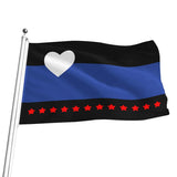 A foot fetish-themed flag on a silver pole featuring a black top band, a blue middle band, a white heart in the upper left, and a bottom black band with red stars.