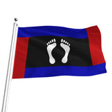 A foot fetish-themed flag on a silver flagpole, featuring a black central band with two white footprints, bordered by blue on the top and bottom and red on the sides, isolated on a white background.
