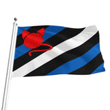 A kitty play-themed flag on a silver flagpole with diagonal black, white, and blue stripes and a red ball-with-cat-ears motif in the upper left, shown on a plain white background.