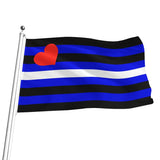 A striped Leather Pride flag on a silver flagpole, featuring horizontal black and blue stripes with a single white stripe, plus a red heart near the upper left. The flag is shown waving against a plain white background.