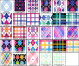 6x5 grid showing samples of plaids based on different sexual and romantic orientation flags. For more descriptions, feel free to contact us.