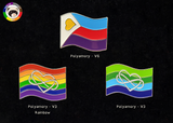 Three polyamory enamel pins on a black background. Each is a waving flag shape. Polyamory - V6, Polyamory - V3 Rainbow, and Polyamory - V3