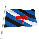 A rope lovers flag on a silver pole with diagonal blue, black, and white stripes and a red coiled rope emblem in the center, shown on a plain white background.